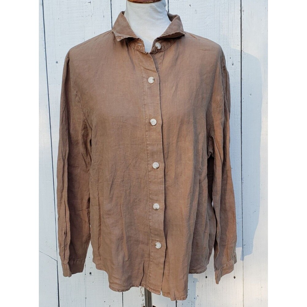 XCVI Women's Brown Long Sleeve Collared Button Up 100% LINEN Shirt Sz XL
